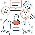 Two hands holding a document with question mark, help icon, and communication symbols displayed above